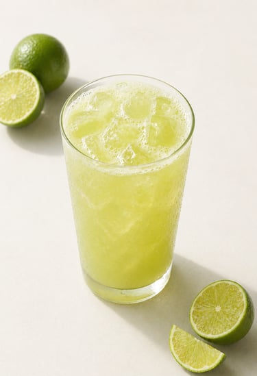 Refreshing glass of iced Brazilian lemonade served with fresh lime slices on a white background.