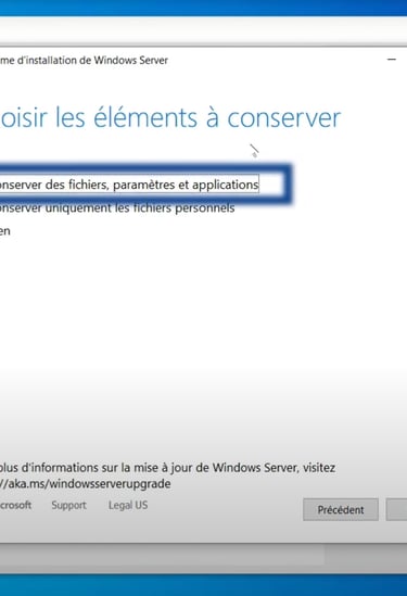 Choix de l'option 'Conserver mes fichiers, applications et paramètres' lors de l'installation de Win