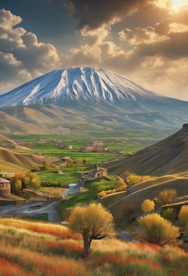 a mountain scene with a mountain in the background