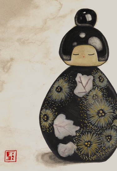 Watercolor illustration of a traditional Japanese Kokeshi doll with floral patterns on a textured background.