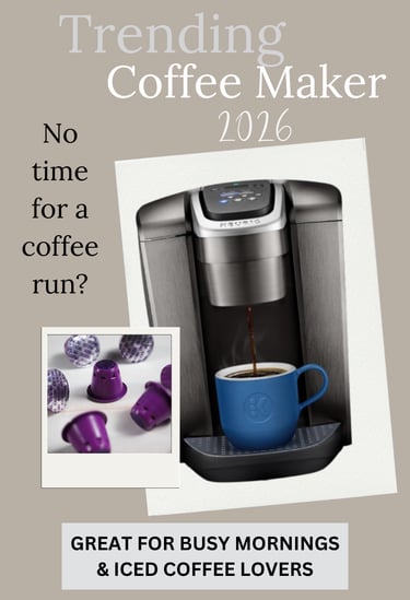 single-serve coffee maker pouring coffee into a blue mug, styled with K-cup pods