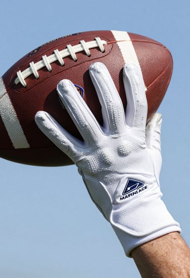 A macro photography shot of a North American football player's gloved hand catching a ball, captured at the moment of impact. The lighting is sharp and clinical, using ice white and sky blue hues to emphasize the texture and precision of the movement.