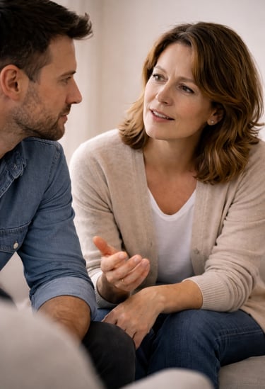 A woman talking to her partner during a serious conversation or couples therapy session.