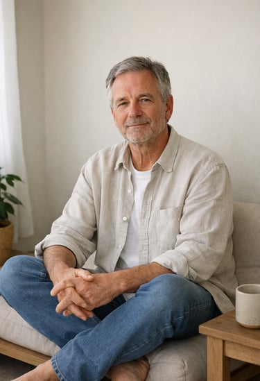 Portrait of a smiling mature man sitting in a relaxed pose wearing a linen shirt and jeans.