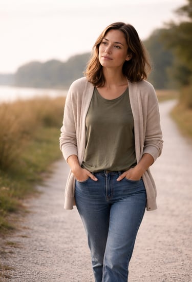 A woman walking on a park path wearing a tan cardigan, green shirt, and blue jeans.