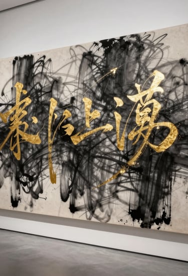 A wide-angle photograph of a massive canvas featuring abstract charcoal strokes and gold leaf calligraphy, displayed in a high-end, minimalist gallery with white walls and soft grey shadows.