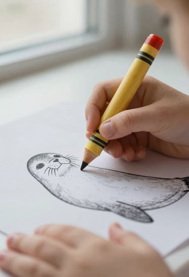 Close-up macro shot of a young child's hands holding a fat beeswax crayon over a clean black-and-white line drawing of a seal pup, soft morning light