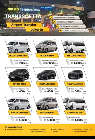 Brosur daftar harga layanan airport transfer ke berbagai wilayah tujuan.