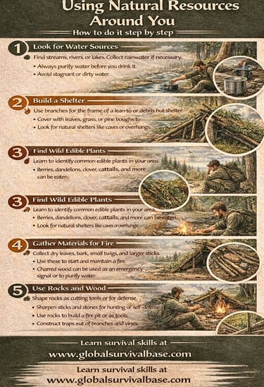 natural resources survival guide infographic showing how to use nature for water shelter and fire