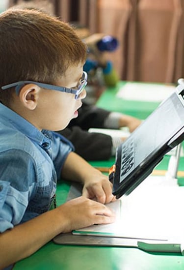 Legally blind child with low vision using assistive technology, screen reader, video magnifier for vision impairment