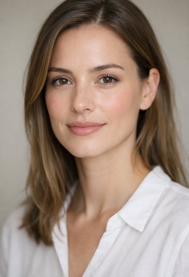 Professional headshot of a smiling woman with brown hair and natural makeup in a white shirt.
