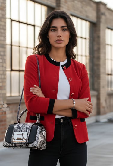 Woman in a red jacket and black jeans posing with a snakeskin handbag in an urban setting.