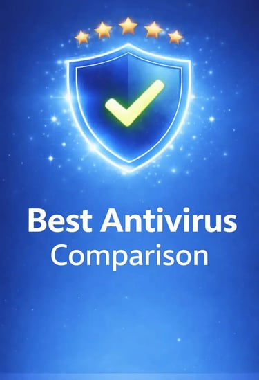 Vertical Best Antivirus Comparison banner with glowing blue shield, five stars, and premium cybersecurity background.