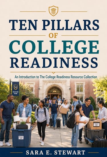 Book cover for Ten Pillars of College Readiness by Sara E. Stewart featuring students moving onto campus.