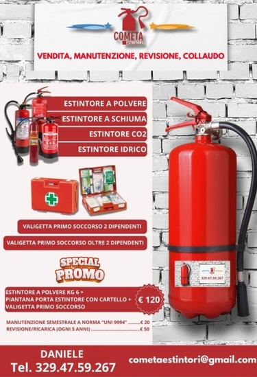 A flyer for Cometa Estintori showcasing fire extinguishers and first aid kits with service pricing for maintenance.