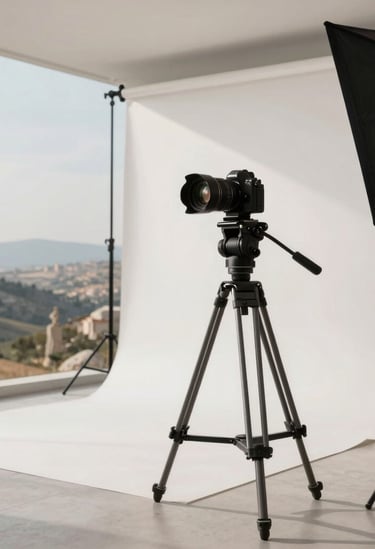 A professional outdoor studio photography setup in a scenic Turkish landscape. Soft natural light, high-end camera equipment on a tripod, and a clean, modern aesthetic. The scene uses a palette of light grey and off-white tones.