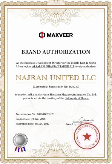 Maxveer brand authorization certificate for Najran United LLC to distribute automation products in Oman.