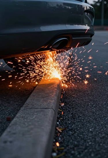 Action photography of sparks flying from the undercarriage of a car as it hits a curb at high speed on a North American / US track. Dark gray asphalt, sharp orange-red sparks, dramatic night lighting.