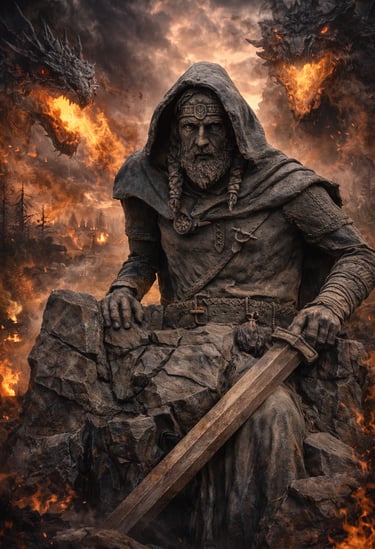 Monumental Viking guardian sculpture with smoke effects beside a Viking roller coaster. Immersive la