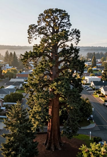 A professional aerial photograph of a towering Giant Sequoia's crown, set against the backdrop of a quiet residential neighborhood in Eugene, Oregon. The composition emphasizes the tree's height and ancient presence in a North American / US Pacific Northwest urban setting. Soft morning light.