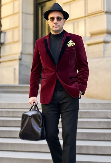 aurion vii design by alp sahin , Burgundy velvet, royal gold detailing and a silhouette