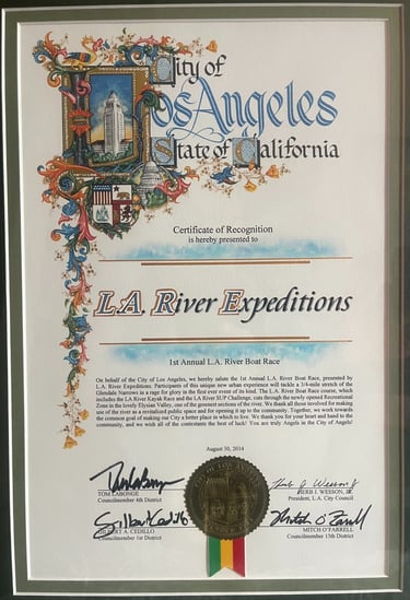 City of Los Angeles certificate of recognition awarded to LA River Expeditions in 2014.