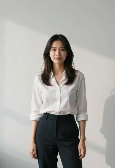 A portrait of a creative professional in a North American corporate environment, minimalist attire, standing in front of a white wall with subtle shadows, sophisticated and confident mood.