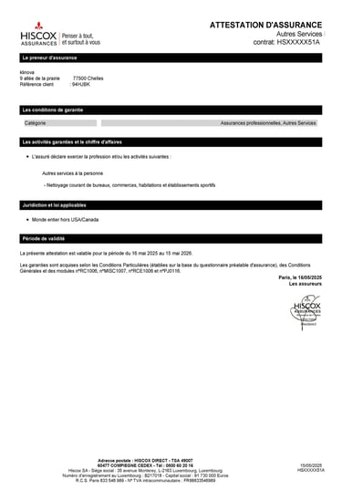 Attestation d’assurance responsabilité civile professionnelle de Klinova