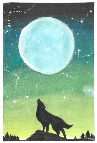 a lone wolf on a hill howling in the nigh at the full moon in the green sky