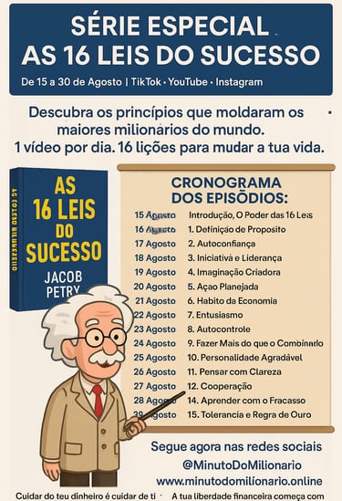 Cartaz digital em português promovendo a série “As 16 Leis do Sucesso” de Jacob Petry, com vídeos di