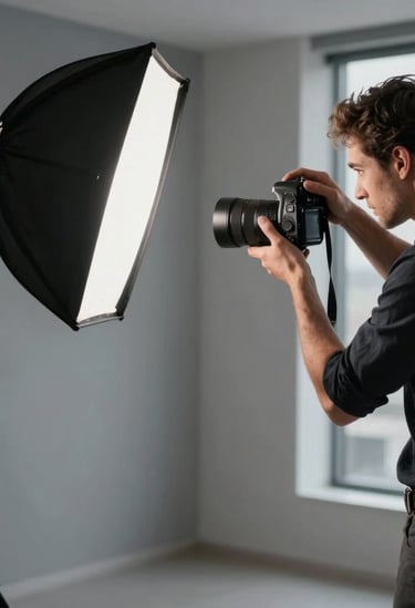 Professional photography session in a modern corporate setting in Brazil. A photographer is adjusting studio lighting for a high-end business portrait. Minimalist gray and black tones, sharp focus, professional excellence.