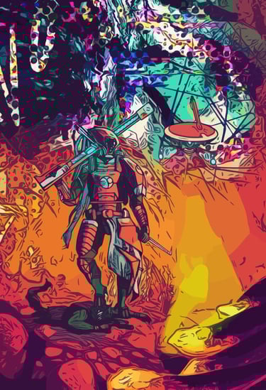 a soldier with a drone in a volcanic environment 