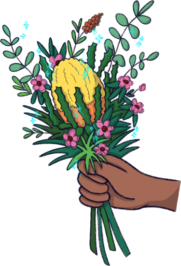 Stylized brown skinned hand holding a bouquet of various flowers with greenery and a bulbous flower
