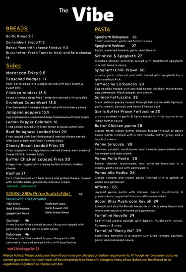 Menu for The Vibe restaurant featuring bread, sides, steak, and a large selection of pasta dishes with prices.