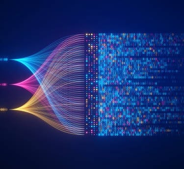 flowchart of binary code in blue red and yellow mixing into control functions