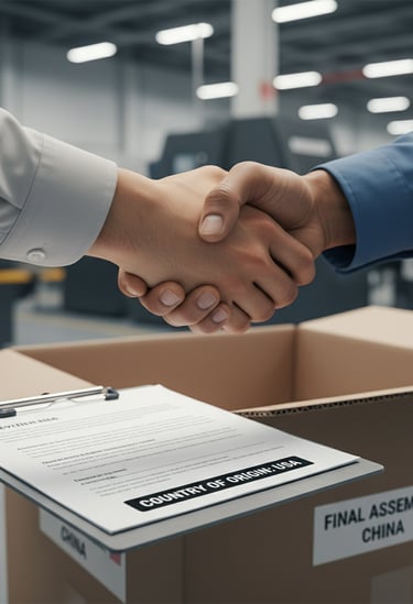 Close-up of two people shaking hands over a clipboard with documents, with a product box in the back