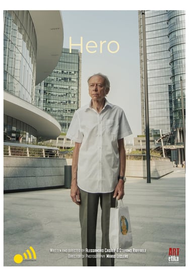 a man in a white shirt and a bag of food a movie poster for the film HERO