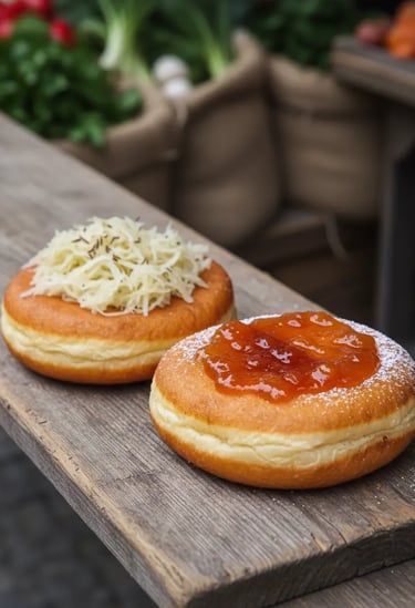 Two traditional Austrian donuts (Krapfen), one topped with shredded cheese and one with jam, served 