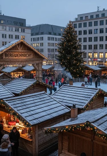 Traditional snow-dusted wooden huts and a tall decorated Christmas tree at the Wels Bergweihnacht ma