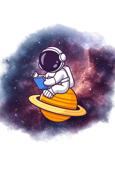 Cute cartoon astronaut sitting on Saturn reading a book in a purple galaxy nebula.