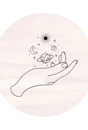 Celestial line art of a hand holding planets and stars on a dark brown watercolor background.