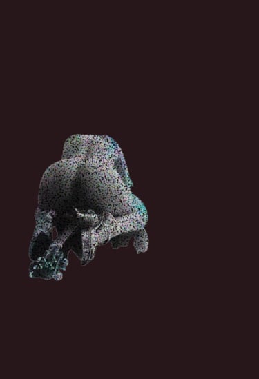A pixelated silhouette of a person kneeling in a dark digital space with static noise textures.