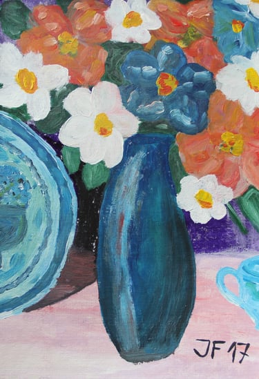 a still life painting of a vase with flowers and a porcelain plate