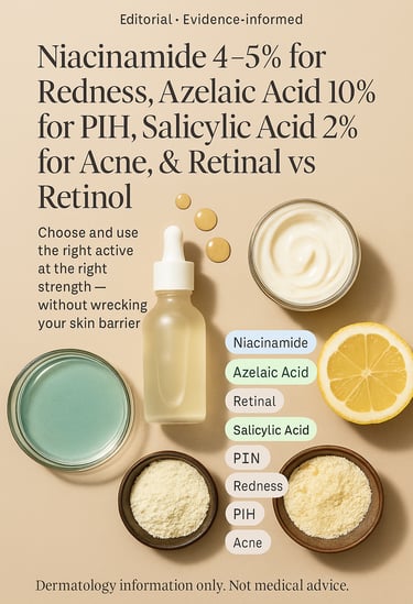 Editorial flatlay of skincare products and ingredients on a neutral background, conveying a luxurious scientific skincare 