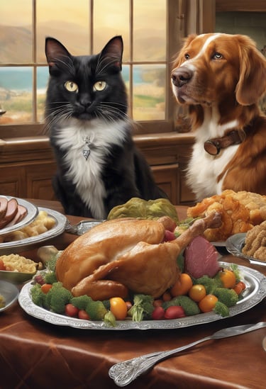 dog and cat at thanksgiving dinner
