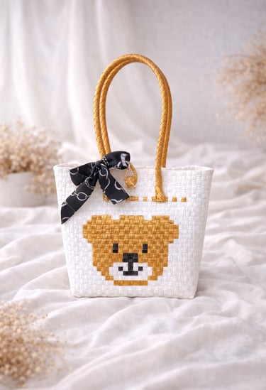 Tas anyaman karakter beruang warna putih kuning handmade untuk souvenir