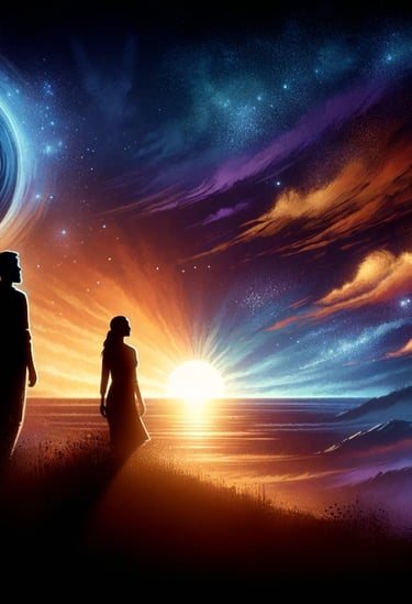 Silhouettes d'un homme et d'une femme de MadkWeb, agence web, contemplant l'horizon sous un ciel de crépuscule