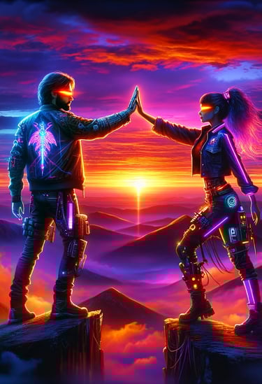 Un homme et une femme au style cyberpunk se tapant dans la main au sommet d'une montagne, sous un ciel de crépuscule aux coul