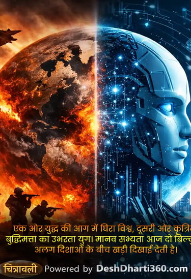 Conceptual illustration showing global conflict and artificial intelligence shaping the future of humanity