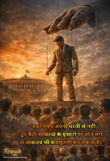 Indian democracy puppet concept showing foreign control over political leadership with citizens watching near parliament